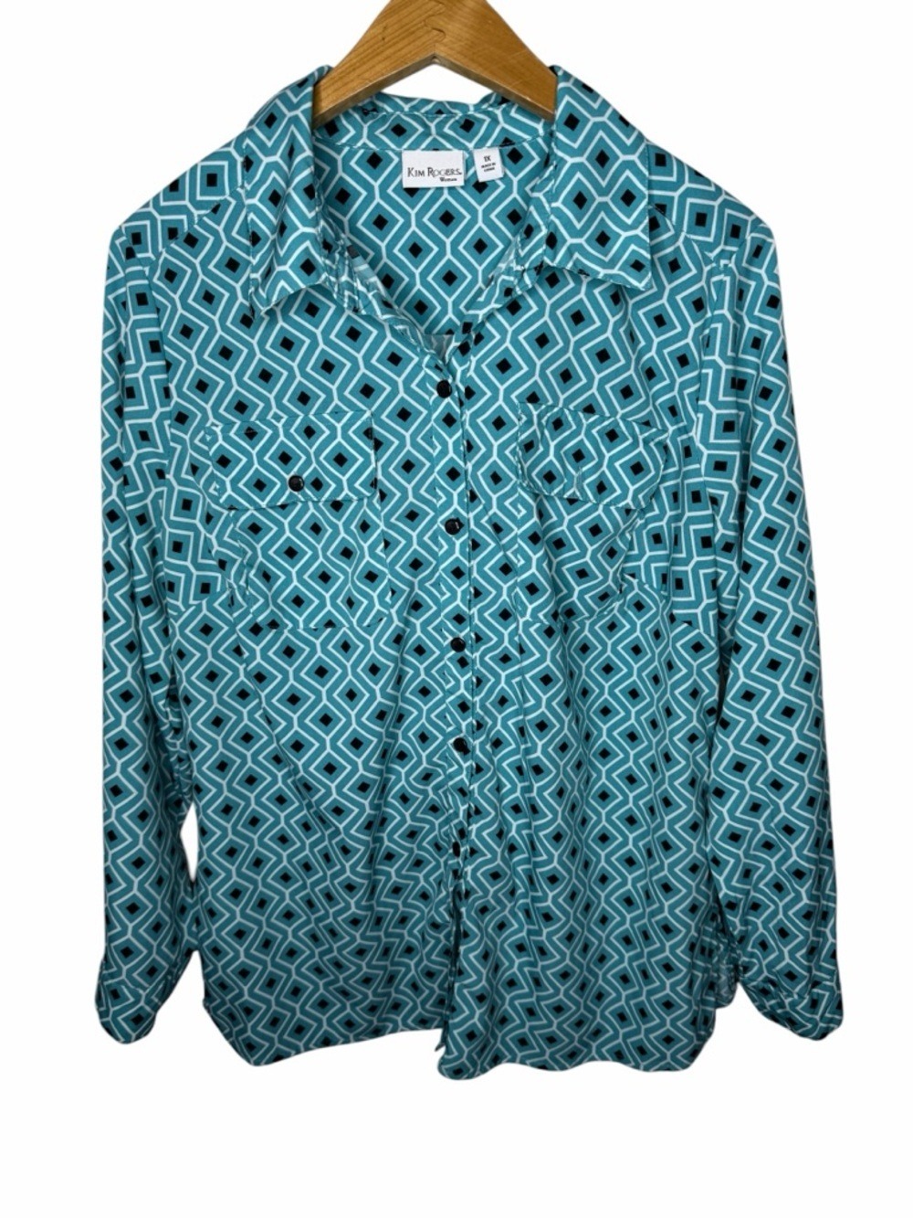 Kim Rogers Women 1X Teal Geometric Print Button Front Stretch Blouse Top - Picture 1 of 4